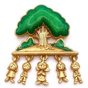 Vintage Danecraft Brooch Gold Tone Green Enamel Tree Dangly Children Accents Pin